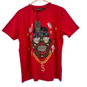 FINCH LA T-Shirt Small NWT 100% Cotton Red Rhinestone Bling Streetwear Money Men